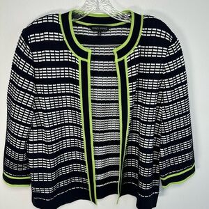 Ming Wang Navy & White Open Front Cardigan with Green Trim Size Large